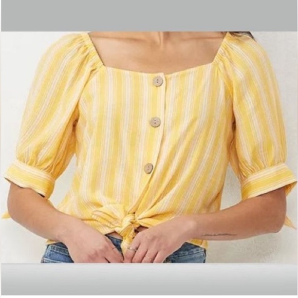 LC LAUREN CONRAD YELLIW STRIPED PUFF SLEEVE TIE SASH BUTTON DOWN BLOUSE SX XL - Picture 1 of 10